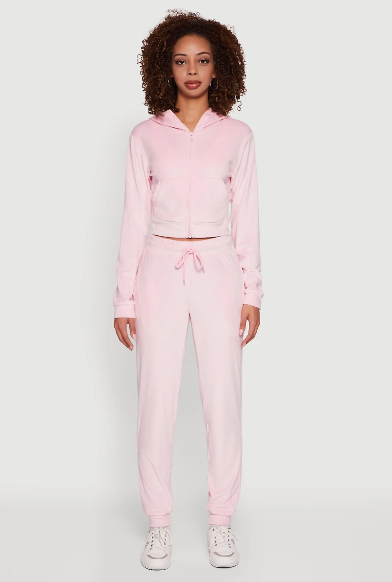 Womens Velour Long Sleeve Cropped Zip Front Hoodie,