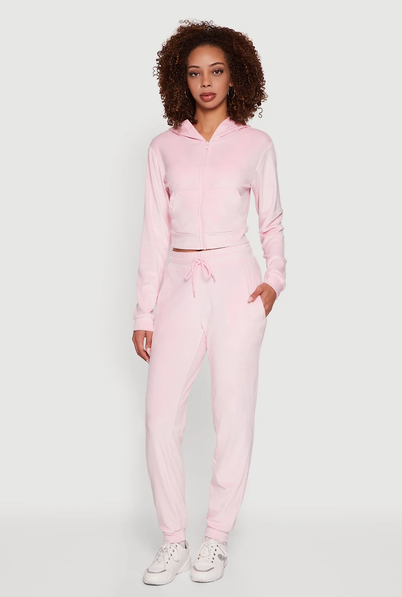 Womens Velour Long Sleeve Cropped Zip Front Hoodie,