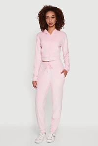 Womens Velour Long Sleeve Cropped Zip Front Hoodie,