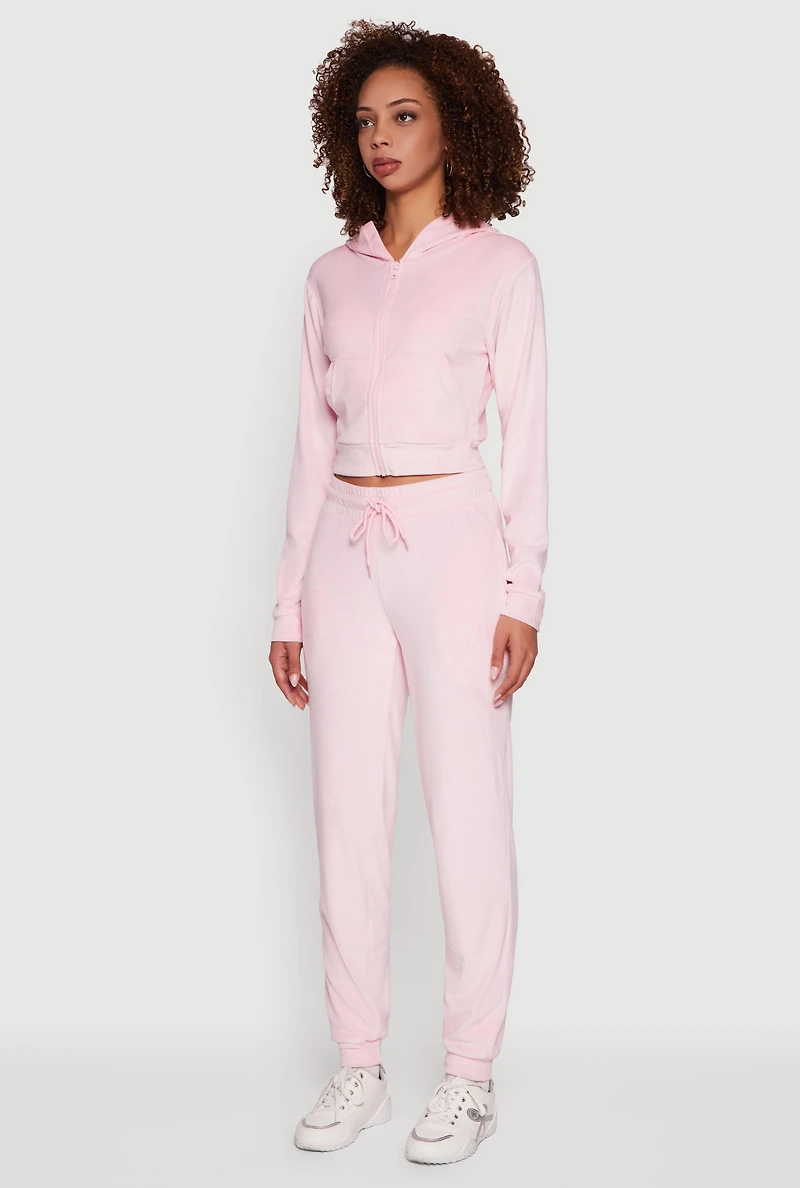 Womens Velour Long Sleeve Cropped Zip Front Hoodie,