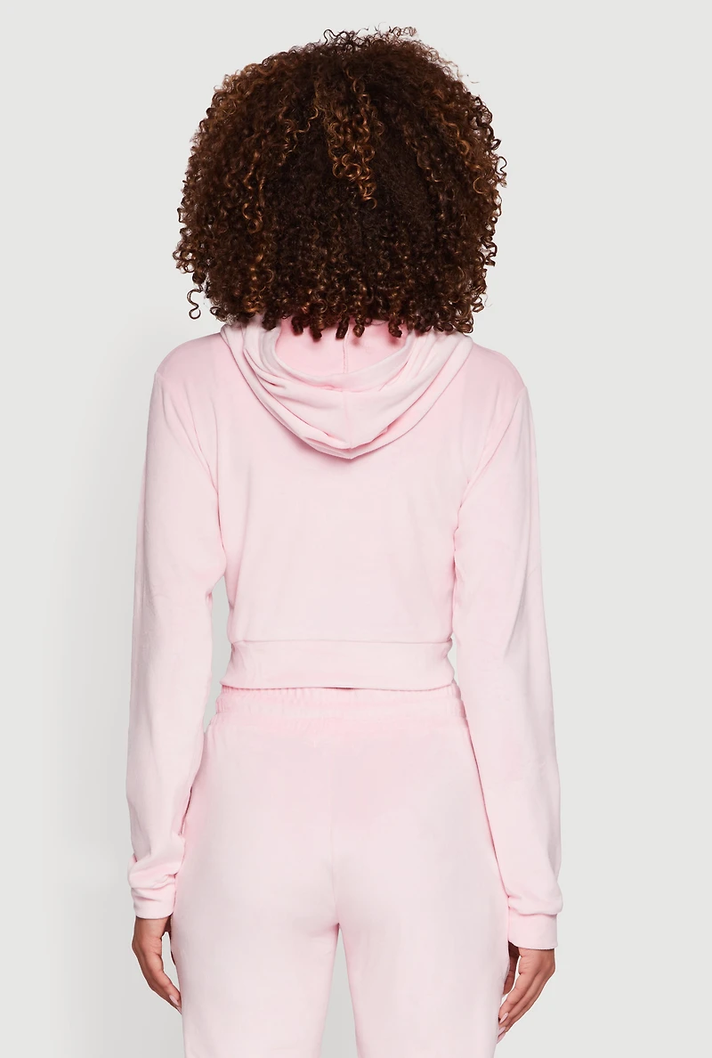 Womens Velour Long Sleeve Cropped Zip Front Hoodie, Pink, Size M