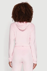 Womens Velour Long Sleeve Cropped Zip Front Hoodie, Pink, Size M