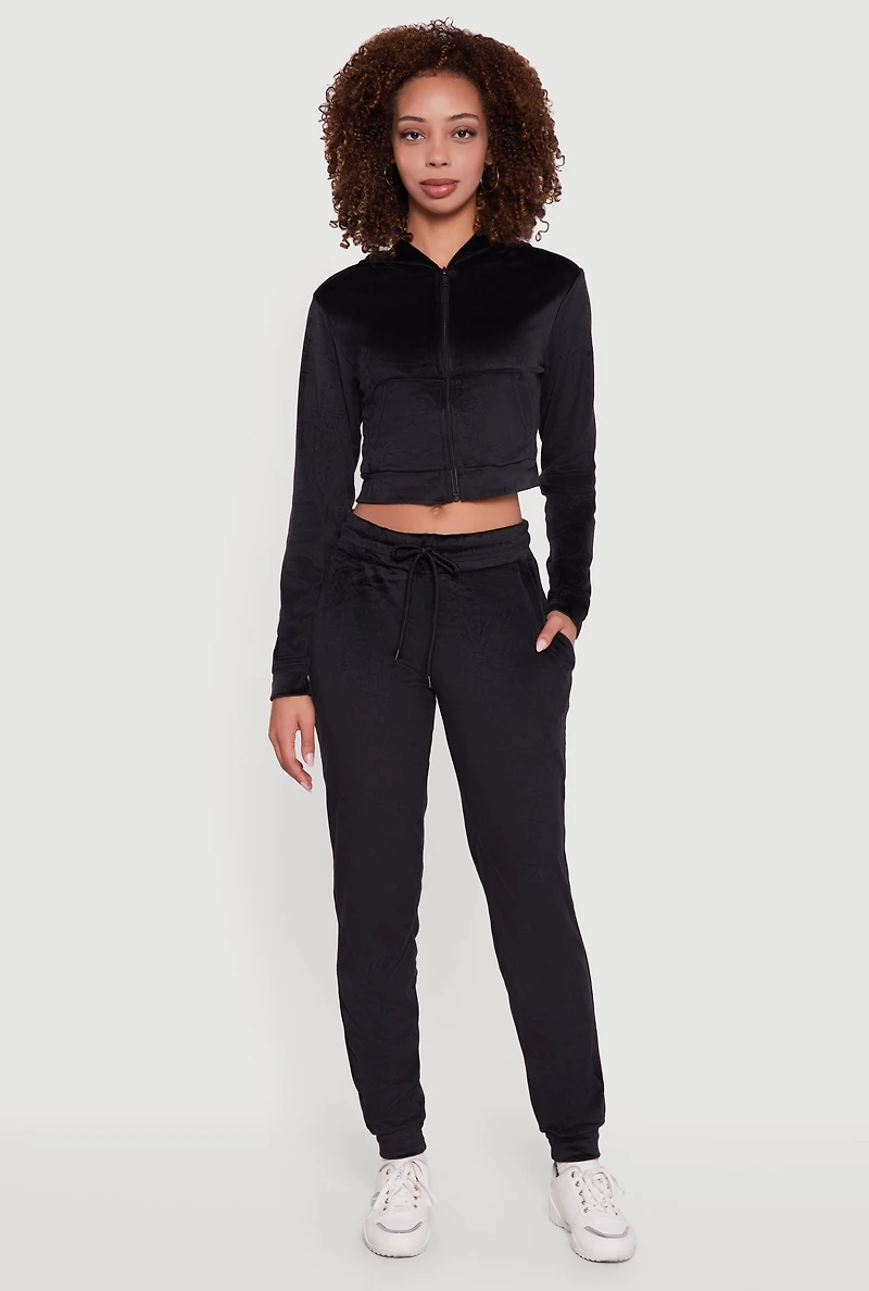 Womens Drawstring Waist Velour Joggers, Black, Size S