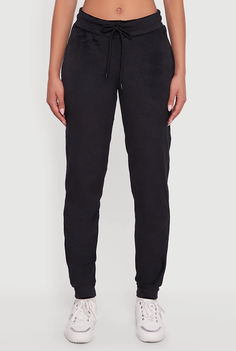 Womens Drawstring Waist Velour Joggers, Black, Size S