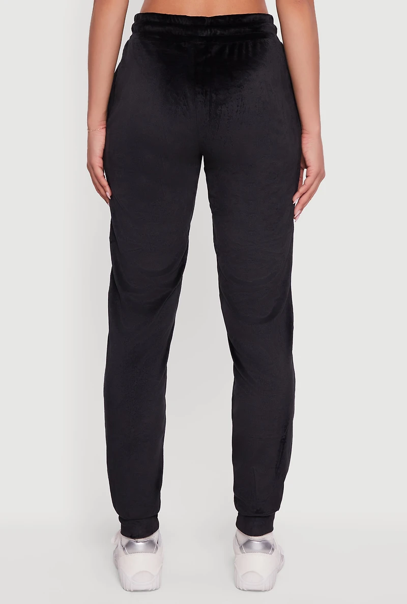 Womens Drawstring Waist Velour Joggers, Black, Size S