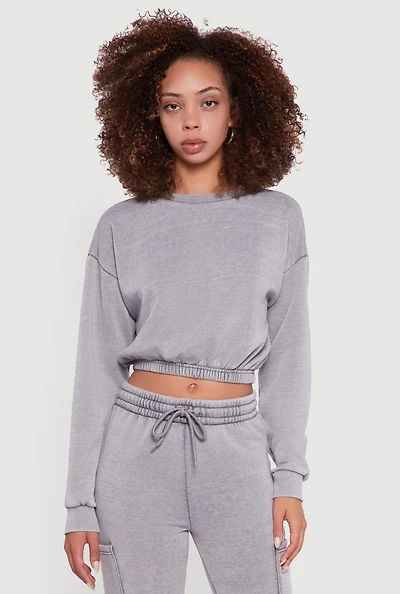 Womens Crew Neck Long Sleeve Cropped Sweatshirt, Grey, Size M