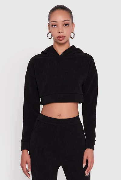 Ribbed Knit Long Sleeve Hooded Crop Top