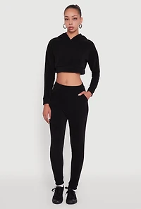 Ribbed Knit Long Sleeve Hooded Crop Top