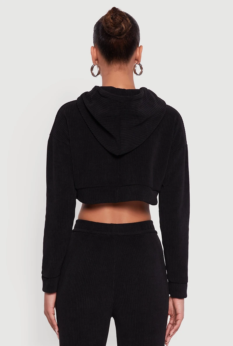 Ribbed Knit Long Sleeve Hooded Crop Top