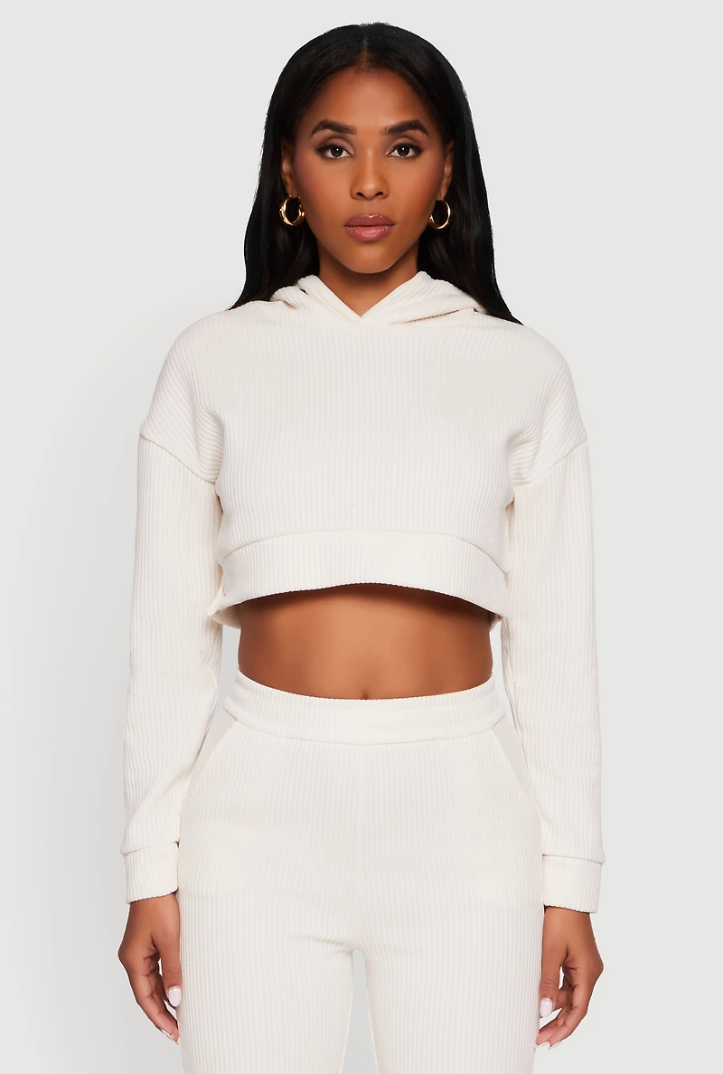 Womens Ribbed Knit Long Sleeve Hooded Crop Top, Beige,
