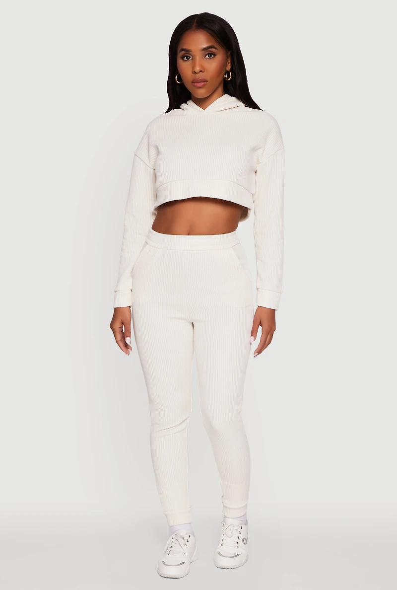 Womens Ribbed Knit Long Sleeve Hooded Crop Top, Beige,