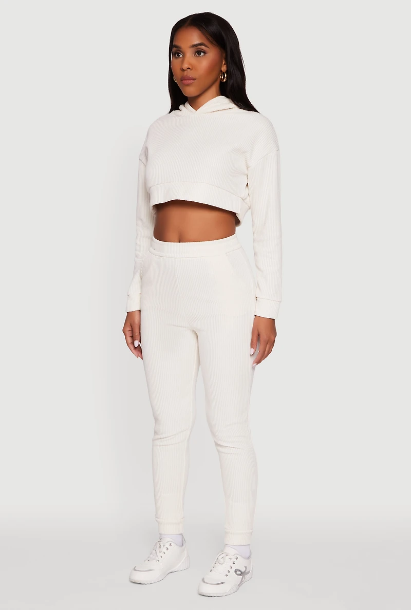 Womens Ribbed Knit Long Sleeve Hooded Crop Top, Beige, Size S