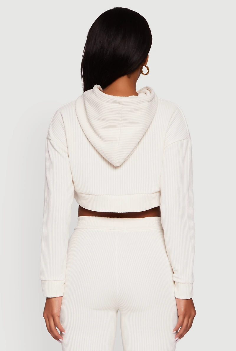 Womens Ribbed Knit Long Sleeve Hooded Crop Top, Beige, Size S