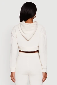 Womens Ribbed Knit Long Sleeve Hooded Crop Top, Beige, Size S