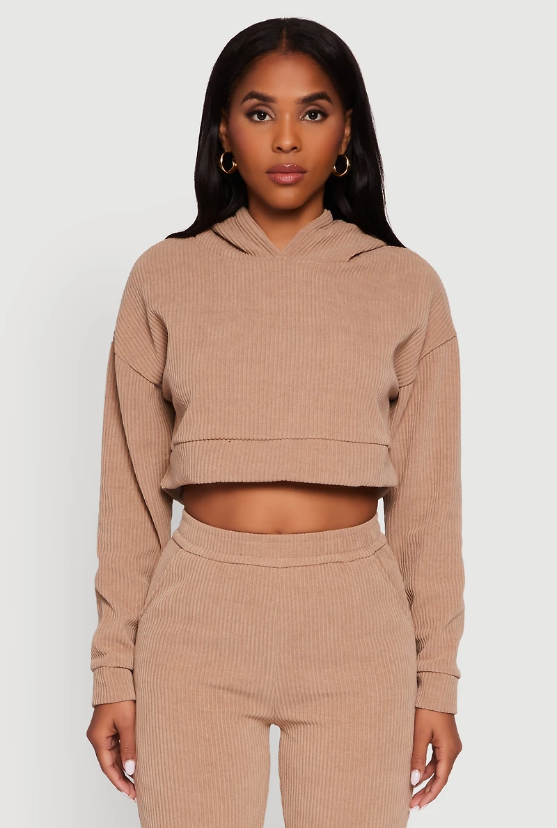 Womens Ribbed Knit Long Sleeve Hooded Crop Top, Beige,