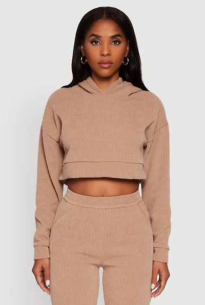 Womens Ribbed Knit Long Sleeve Hooded Crop Top, Beige,