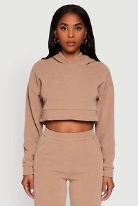 Womens Ribbed Knit Long Sleeve Hooded Crop Top, Beige,