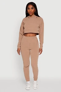 Womens Ribbed Knit Long Sleeve Hooded Crop Top, Beige,