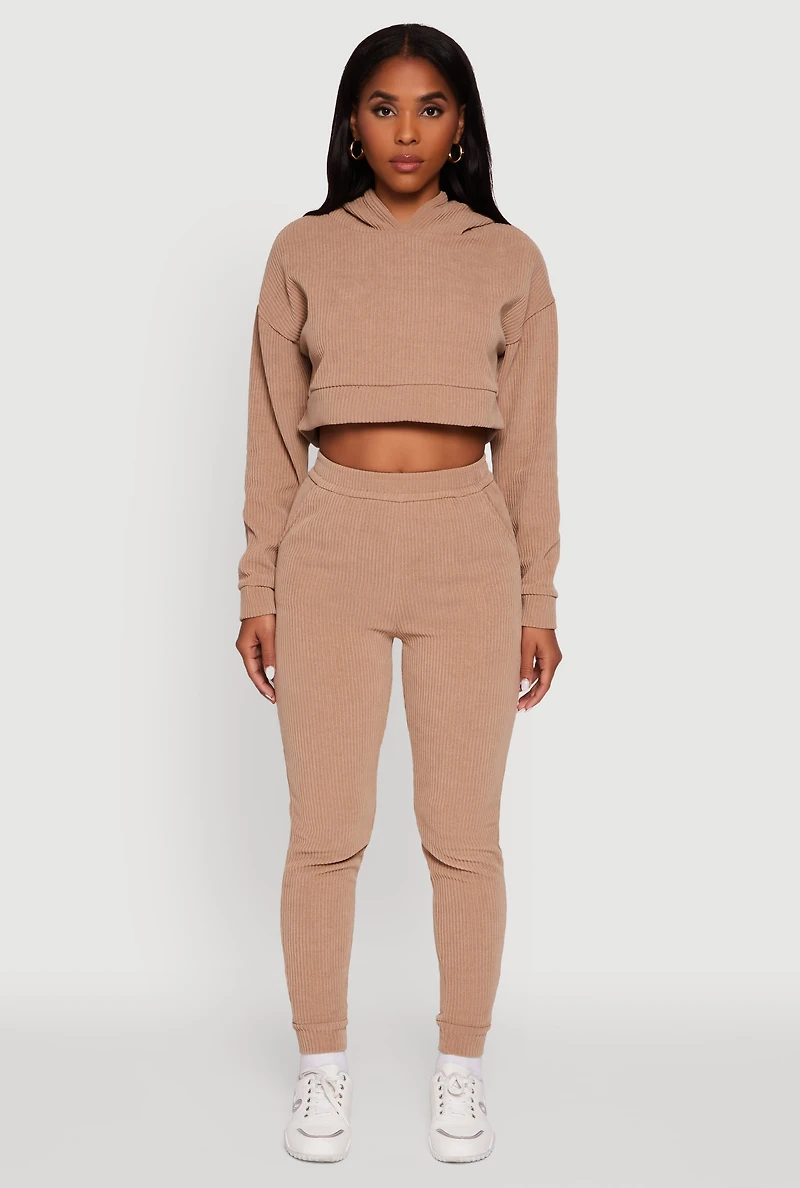 Womens Ribbed Knit Long Sleeve Hooded Crop Top, Beige,