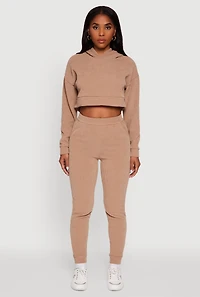 Womens Ribbed Knit Long Sleeve Hooded Crop Top, Beige,