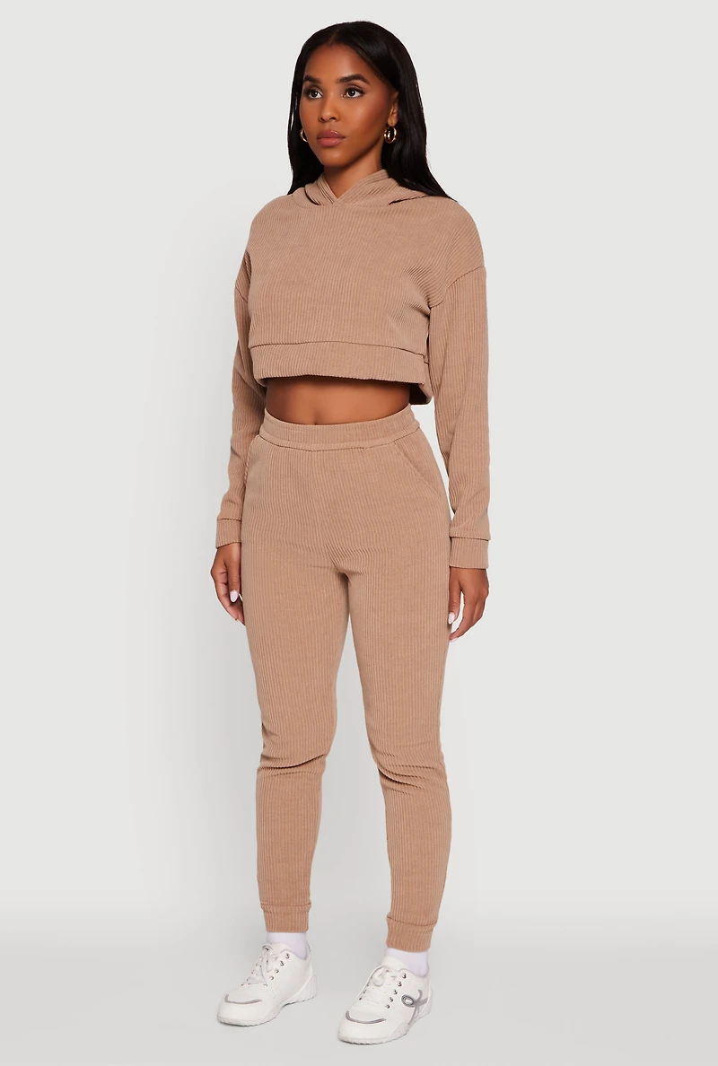 Womens Ribbed Knit Long Sleeve Hooded Crop Top, Beige,