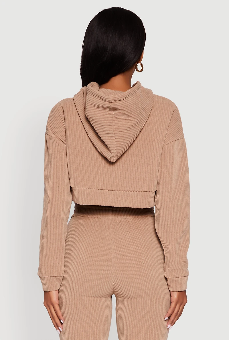 Womens Ribbed Knit Long Sleeve Hooded Crop Top, Beige,