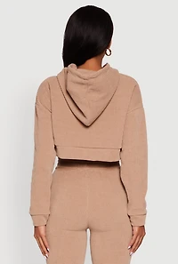 Womens Ribbed Knit Long Sleeve Hooded Crop Top, Beige,