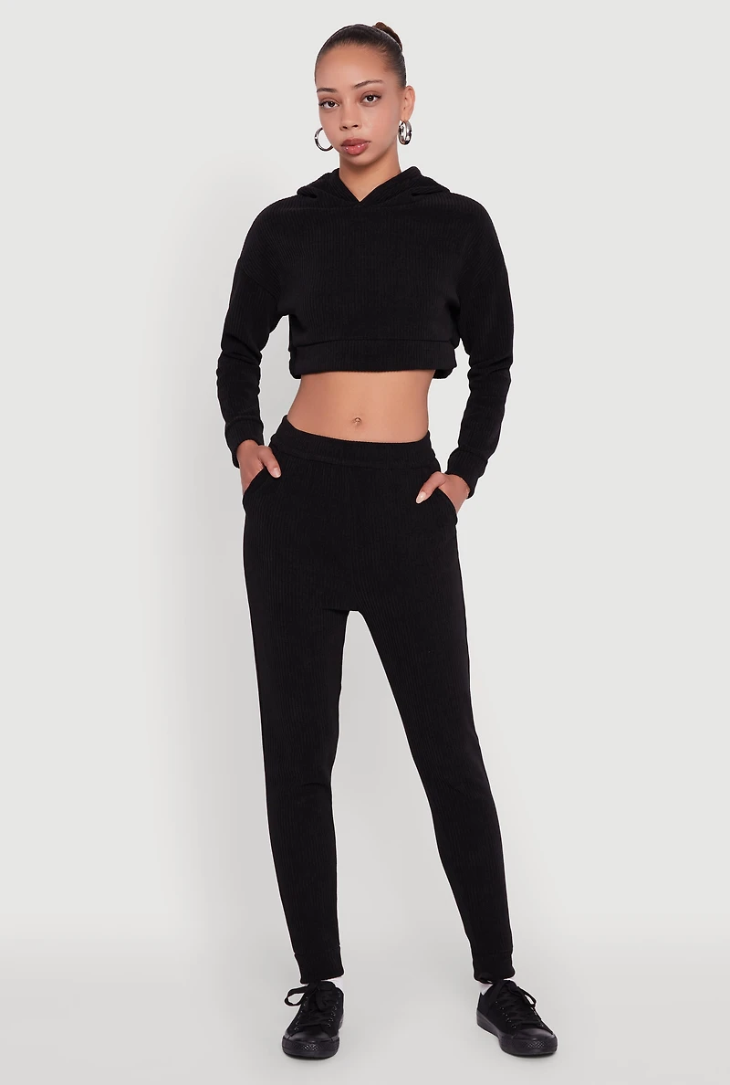 Womens Ribbed Knit Solid Joggers, Black, Size S