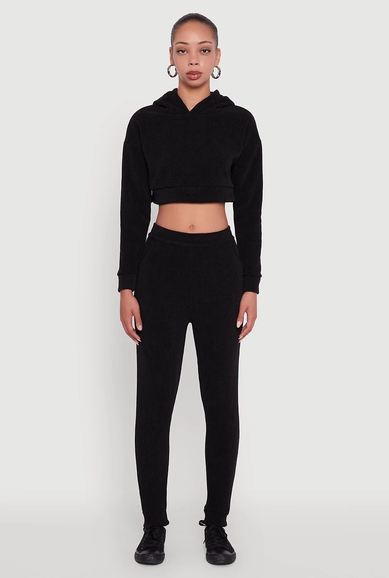 Womens Ribbed Knit Solid Joggers, Black, Size M