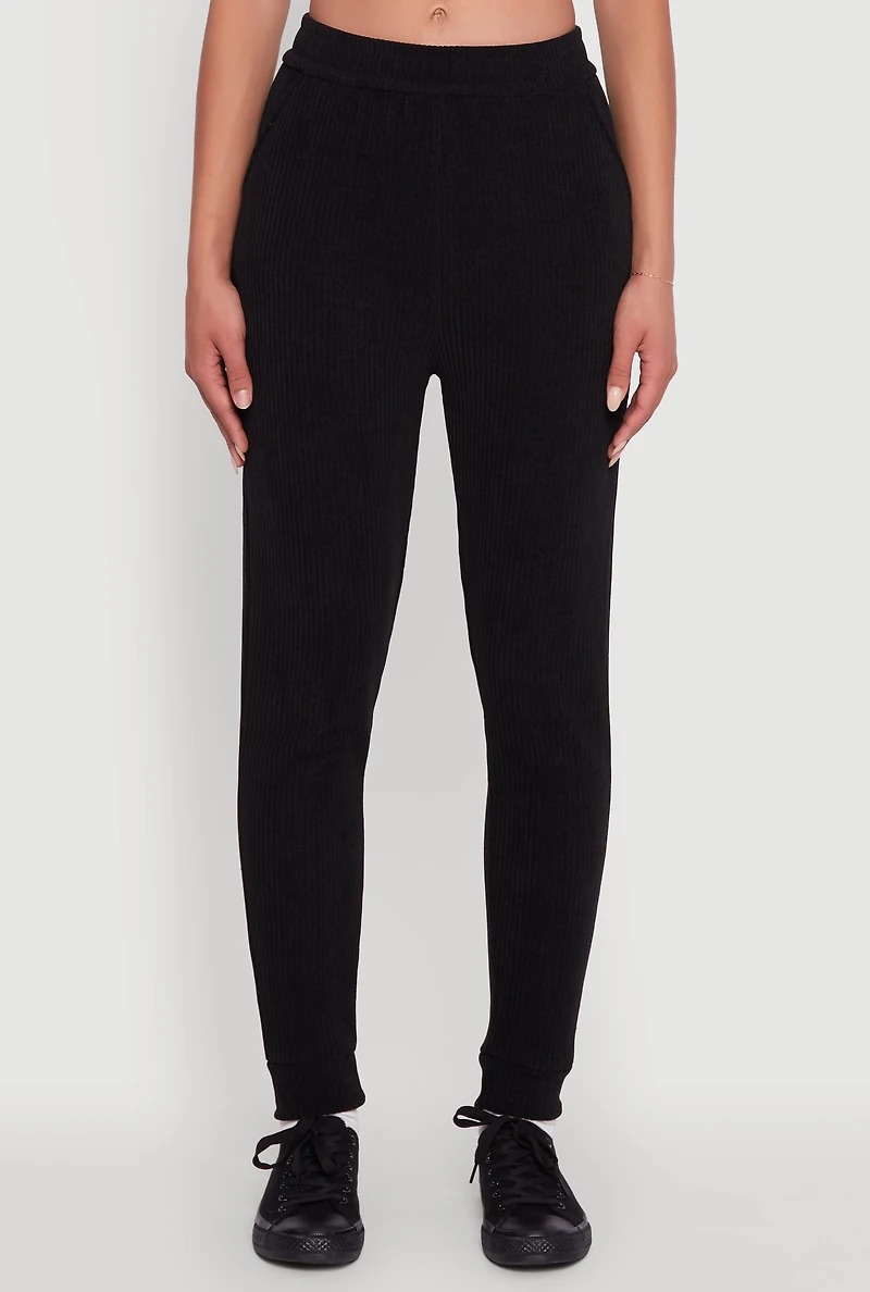 Womens Ribbed Knit Solid Joggers, Black, Size M