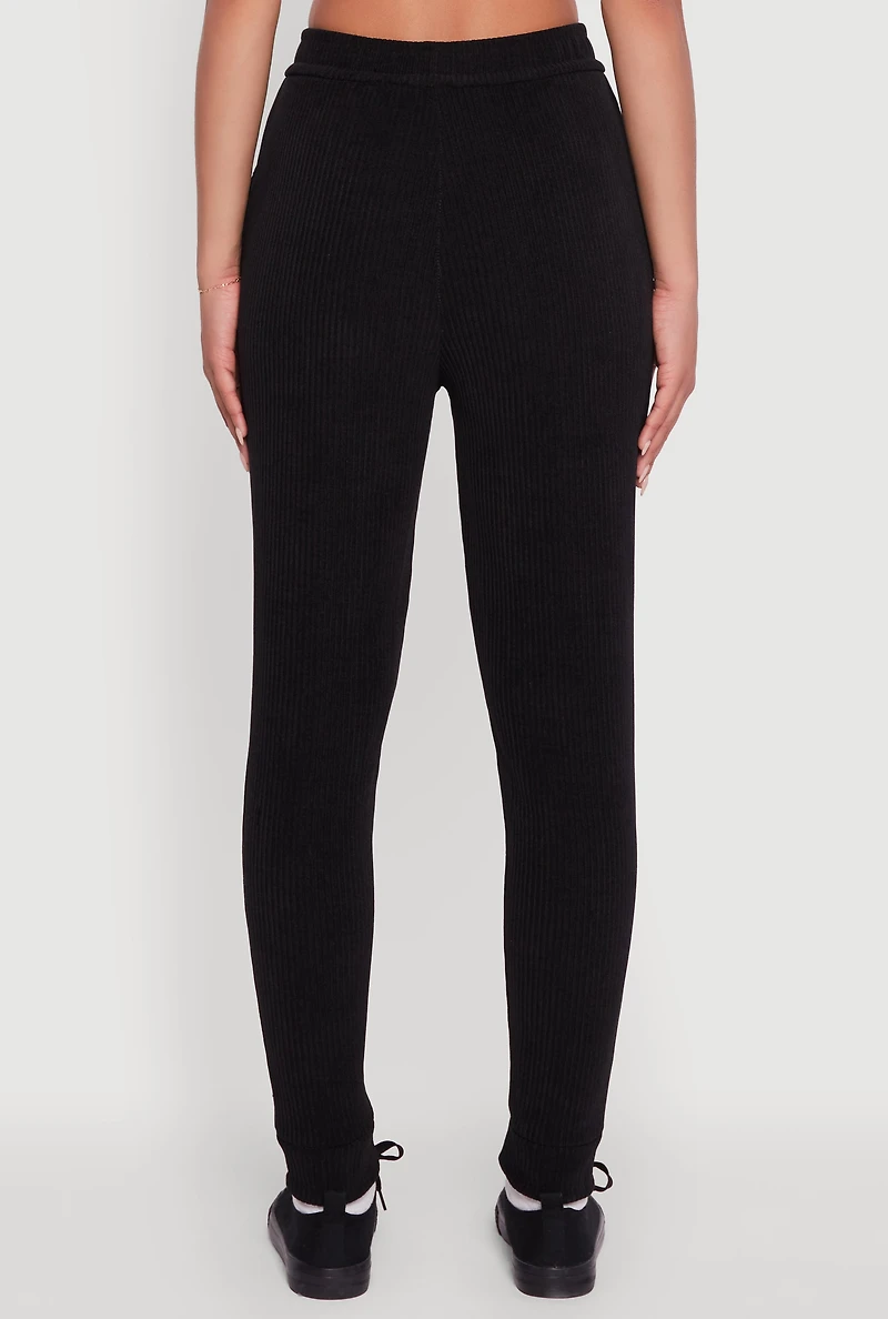 Womens Ribbed Knit Solid Joggers, Black, Size M