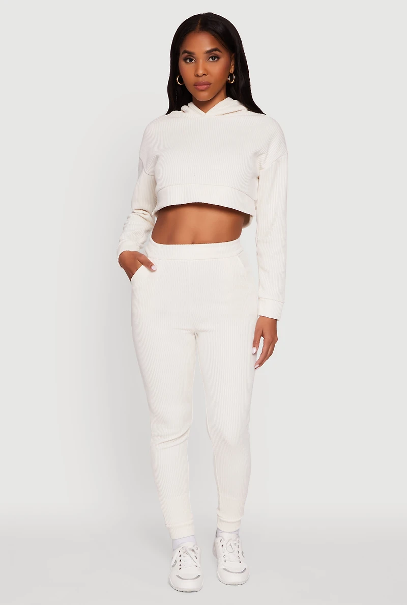 Womens Ribbed Knit Solid Joggers, White, Size M