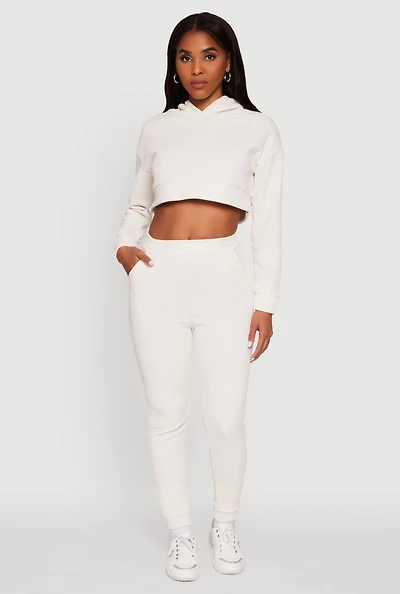 Womens Ribbed Knit Solid Joggers, White, Size M