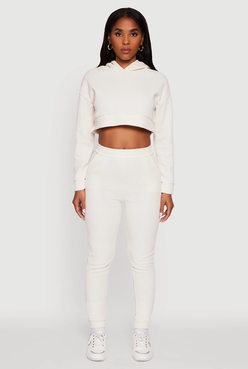 Womens Ribbed Knit Solid Joggers, White, Size M