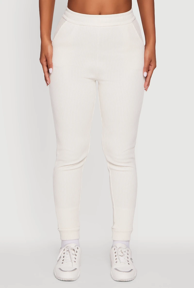 Womens Ribbed Knit Solid Joggers, White, Size S