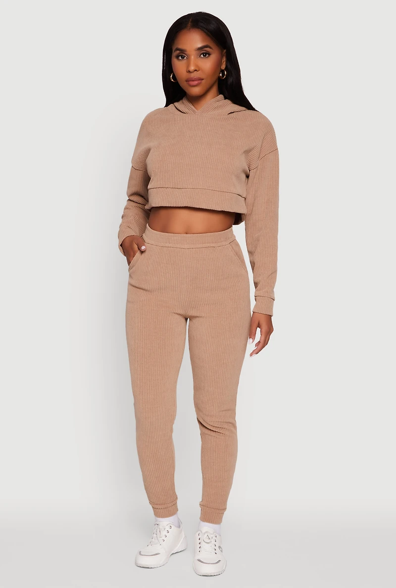 Womens Ribbed Knit Solid Joggers, Khaki, Size XL