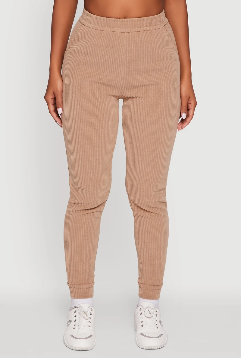 Womens Ribbed Knit Solid Joggers, Khaki, Size M
