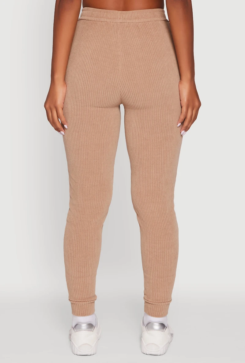 Womens Ribbed Knit Solid Joggers, Khaki, Size M