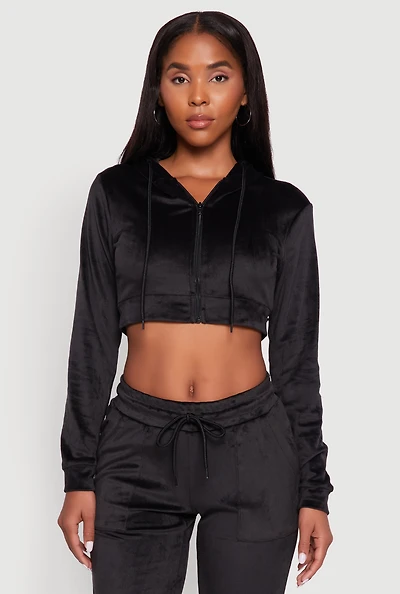 Womens Velour Cropped Hooded Sweatshirt,