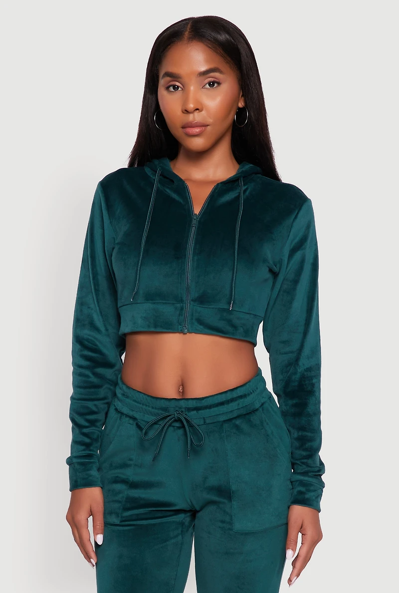Velour Cropped Hooded Sweatshirt