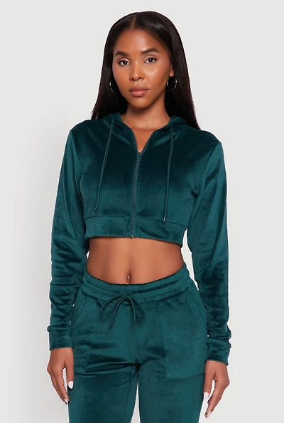 Velour Cropped Hooded Sweatshirt