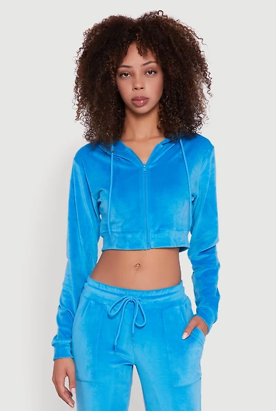 Womens Velour Cropped Hooded Sweatshirt, Blue,