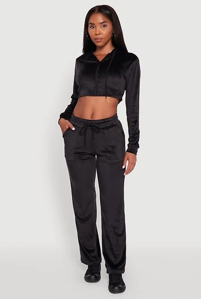 Womens Drawstring Waist Velour Wide Leg Sweatpants,