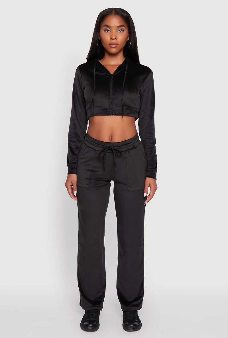 Womens Drawstring Waist Velour Wide Leg Sweatpants,
