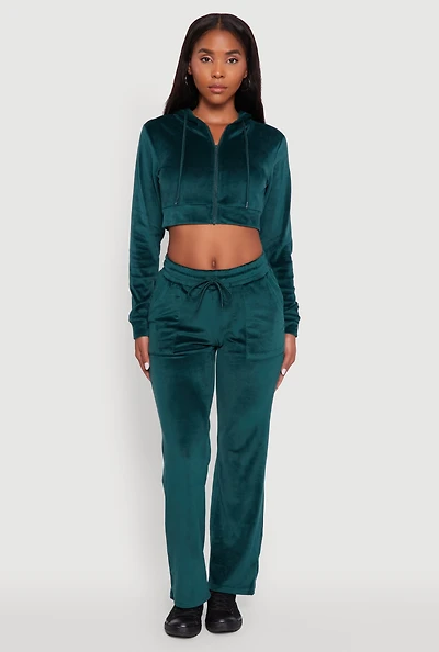 Womens Drawstring Waist Velour Wide Leg Sweatpants, Green,