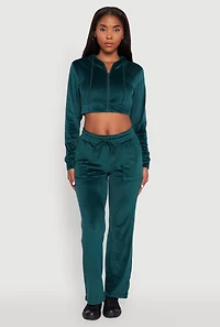Womens Drawstring Waist Velour Wide Leg Sweatpants, Green,
