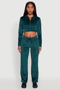 Womens Drawstring Waist Velour Wide Leg Sweatpants, Green,