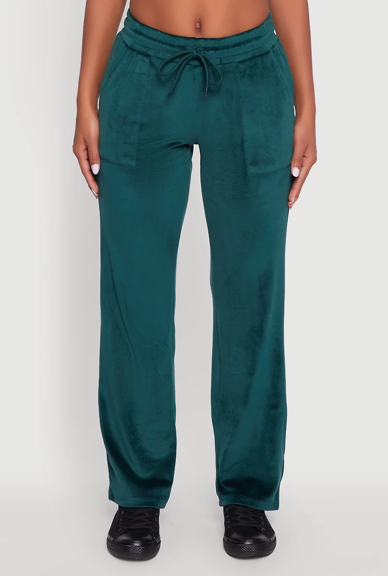 Womens Drawstring Waist Velour Wide Leg Sweatpants, Green,