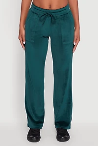 Womens Drawstring Waist Velour Wide Leg Sweatpants, Green,