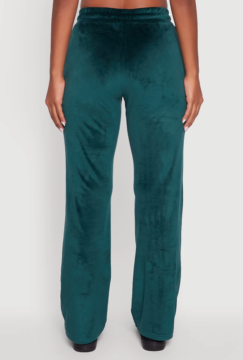 Womens Drawstring Waist Velour Wide Leg Sweatpants, Green,